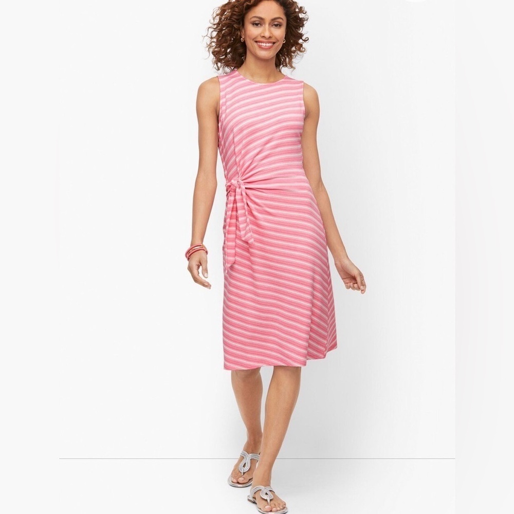 Talbots Pink White Striped Knit Tie-Waist Dress Size L